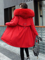 Person wearing a red coat with a fur-lined hood in an urban setting