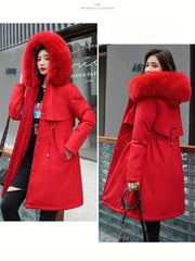 Red coat with fur hood worn by a model in two different settings.