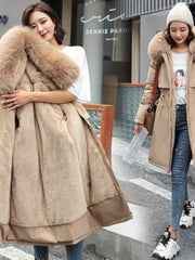 Woman wearing a long beige coat with fur collar in two different settings.