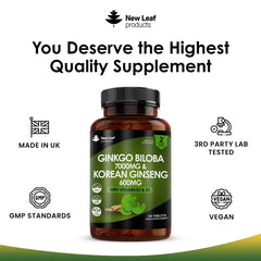 Ginkgo Biloba & Korean Ginseng Tablets UK - Brain & Energy Support - The Flash Mart