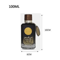 Perfume bottle labeled 'Dirham Oud' with dimensions on a white background