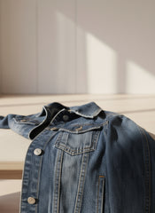 Blue denim jacket on a white background