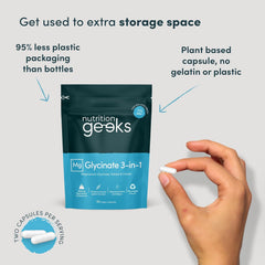 Nutrition Geeks supplement package with a hand holding a capsule, emphasizing plant-based capsules and minimal plastic use.
