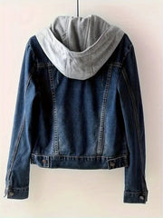 Denim jacket with a gray hood on a light pink background