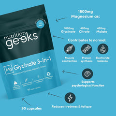 Nutrition Geeks Mg Glycinate 3-in-1 supplement package on a blue background with text detailing its benefits.