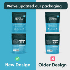 Comparison of new and old packaging designs for 'nutrition geeks' products on a blue and white background.