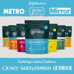 Nutrition Geeks supplement packages with branding and media outlets displayed on a blue background