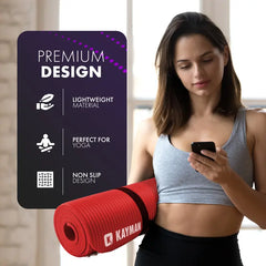 Woman holding a red Kayman yoga mat with product features on a purple card.