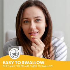 Woman taking a pill with text 'Easy to Swallow' on a yellow banner