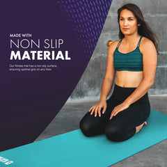 Woman on a turquoise yoga mat with text about non-slip material