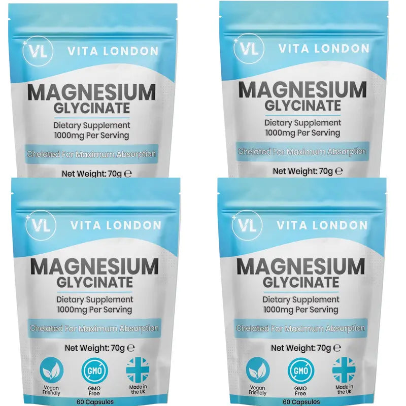 Four packages of Vita London Magnesium Glycinate dietary supplements on a white background