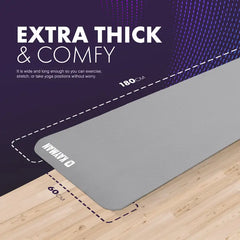 Gray exercise mat on a wooden floor with text highlighting its thickness and comfort.