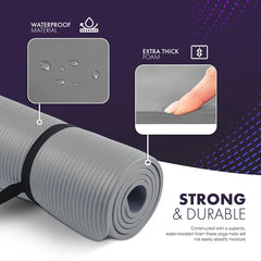 Gray yoga mat with waterproof material and extra thick foam features on a purple background