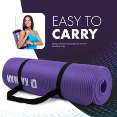 Purple yoga mat with carrying strap and woman holding it, on a white and purple background.