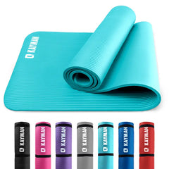 Turquoise yoga mat with Kayman branding, rolled up and flat, on a white background.