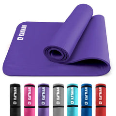 Purple Kayman yoga mat with rolled-up version and additional mats in various colors on a white background