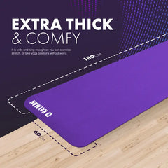 Purple yoga mat on a wooden floor with text highlighting its thickness and comfort.