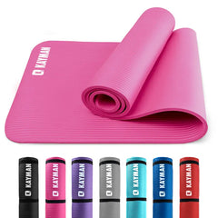 Pink Kayman yoga mat with rolled-up mat and additional mats in various colors below on a white background
