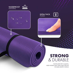Purple yoga mat with waterproof material and extra thick foam features on a dark background