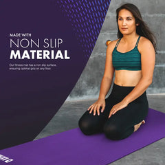 Woman on a purple yoga mat with text about non-slip material