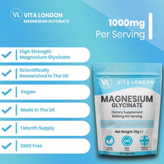 Magnesium Glycinate 1000mg supplement facts label - vegan, non-GMO UK formula
