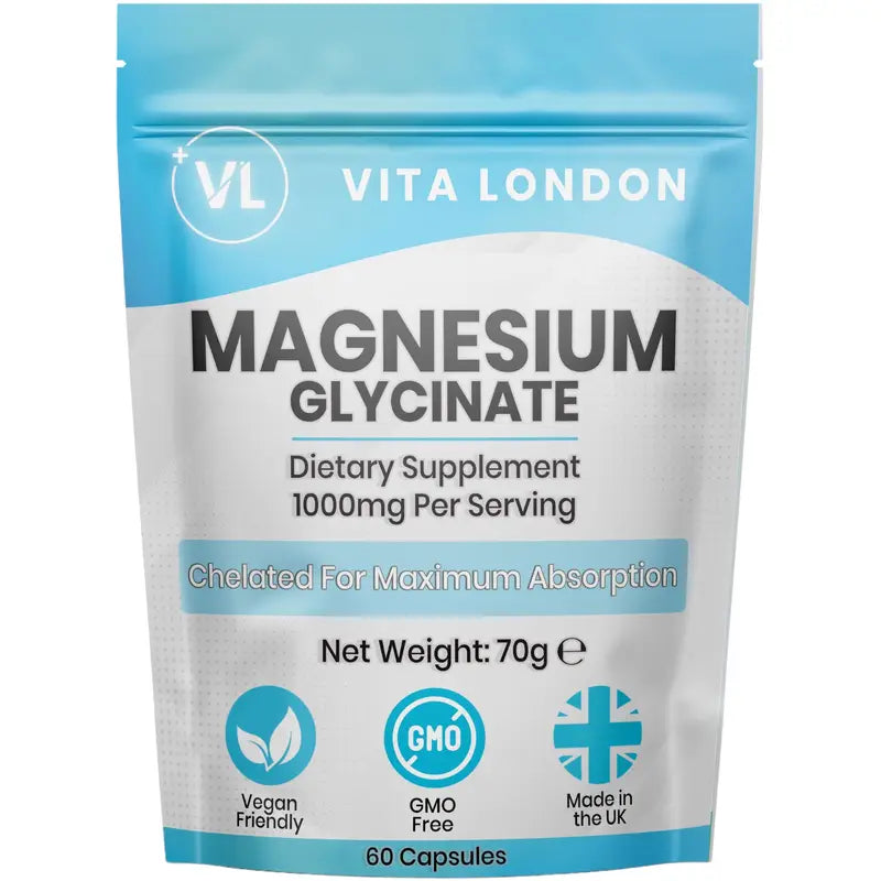 Magnesium Glycinate UK supplement bottle showing high absorption formula with vitamin B6
