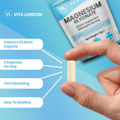 Magnesium Glycinate vegan capsules close-up showing high quality UK supplement
