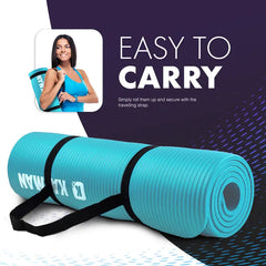 Blue yoga mat with carrying strap and text 'Easy to Carry' on a white and purple background
