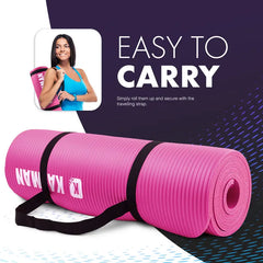 Pink yoga mat with black carrying strap and woman holding it on a white and blue background