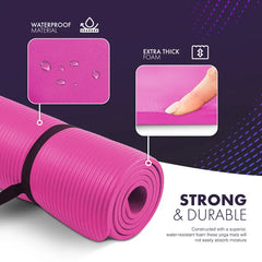 Pink yoga mat with waterproof material and extra thick foam features on a purple background
