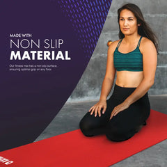 Woman on a red yoga mat with text about non-slip material