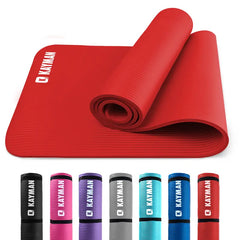 Red Kayman yoga mat with rolled-up version and color options displayed below on a white background