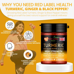 Red Label Health Turmeric, Ginger & Black Pepper supplement with a woman flexing muscles on an orange background.