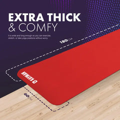 Red and black yoga mat on a wooden floor with text highlighting its thickness and comfort.