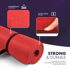 Red yoga mat with waterproof material and extra thick foam features on a purple background