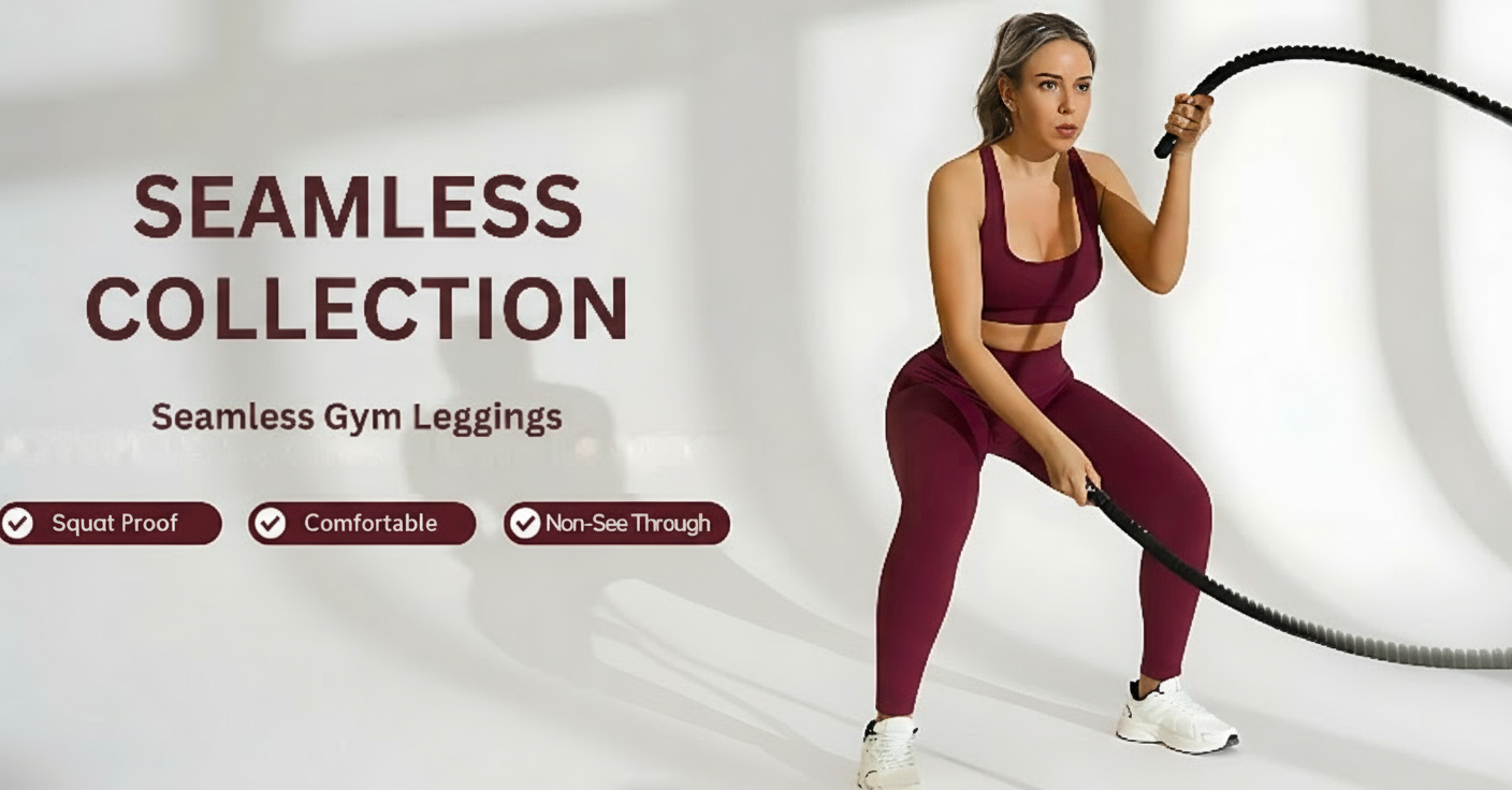 Woman exercising with battle ropes wearing maroon leggings on a white background with 'Seamless Collection' text.