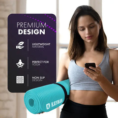 Woman holding a Kayman yoga mat with product features on a purple background