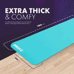Blue yoga mat on a wooden floor with text highlighting its thickness and comfort.