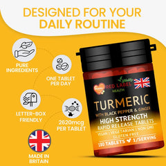 Turmeric supplement bottle with British branding on a yellow background