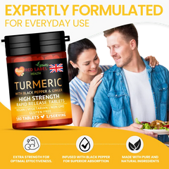 Turmeric supplement bottle with a couple eating salad, text about expert formulation and benefits.