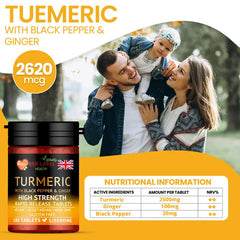 Turmeric supplement container with family photo and nutritional information on a yellow background