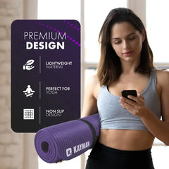 Woman holding a purple Kayman yoga mat with product features on a purple background