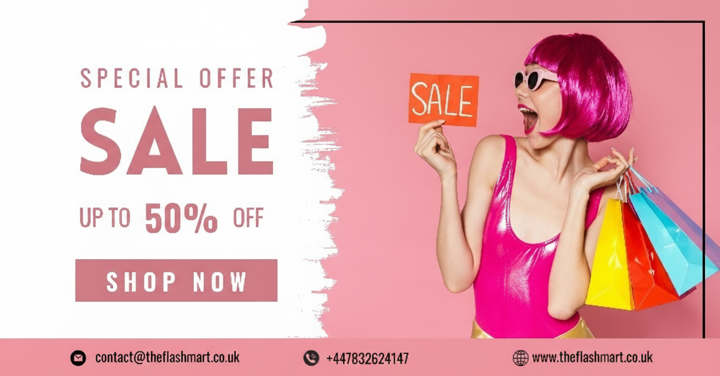 Woman with pink wig and sunglasses holding shopping bags and a sale sign on a pink background with sale text