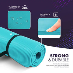 Teal yoga mat with waterproof material and extra thick foam features on a dark background