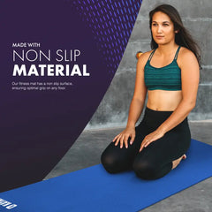Woman on a blue fitness mat with text about non-slip material