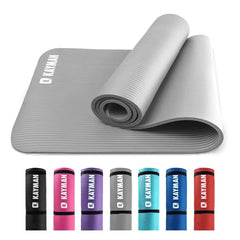 Gray Kayman yoga mat with color options displayed below on a white background