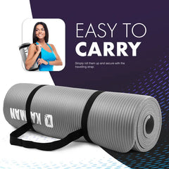 Gray exercise mat with carrying strap and woman holding it inset on a dark background