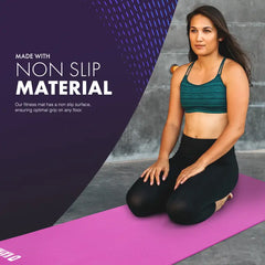 Woman on a pink yoga mat with text about non-slip material