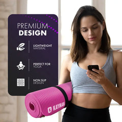 Woman holding a pink yoga mat with product features on a purple panel