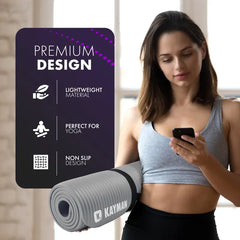 Woman holding a Kayman yoga mat with product features on a purple card.